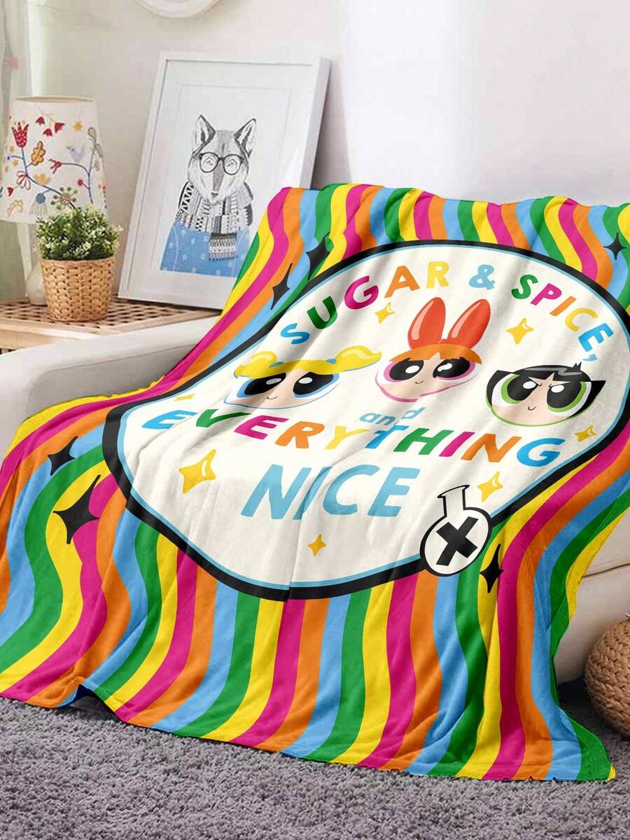 THE POWERPUFF GIRLS X SHEIN 1Pc Blossom, Bubbles, Buttercup Pattern Soft Plush Blanket, Gift For Bedroom Living Room - Multicolor - View 1