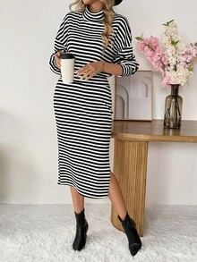 SHEIN LUNE 女式休闲条纹腰部收腰长袖中长连衣裙 - 黑與白 - 查看 10