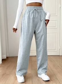 SHEIN Essnce 束口腰直筒運動長褲 - 灰色 - 查看 5