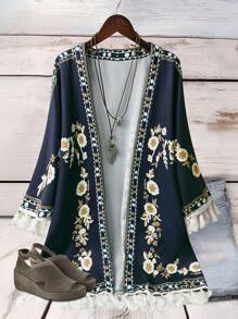 Linhara Plus Size Casual Holiday Print Lightweight Burgundy Jacket Winter Fall Autumn - Black - View 1