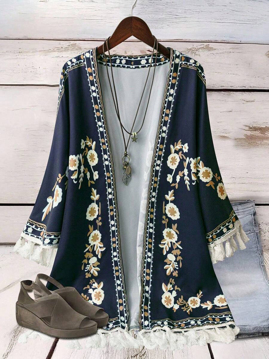 Linhara Plus Size Casual Holiday Print Lightweight Burgundy Jacket Winter Fall Autumn - Black - View 1