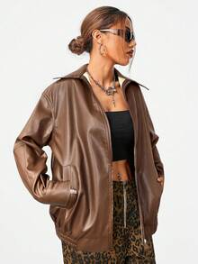 SHEIN EZwear 女士休闲皮夹克，带口袋，宽松版型，翻领，长袖，咖啡棕色，秋季必备 - 咖啡棕 - 查看 5