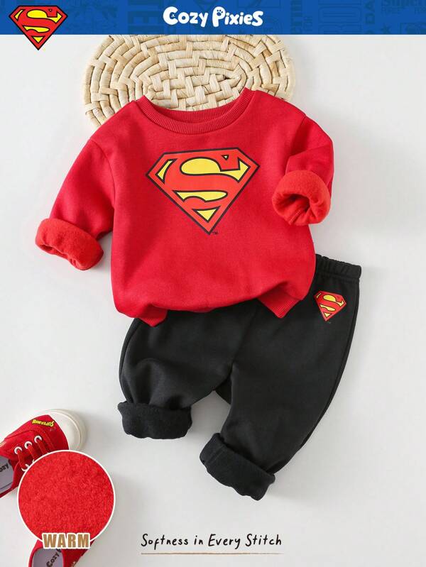 Cozy Pixies SUPERMAN X Cozy Pixies 2pcs Baby Boy Superhero Pattern Knit Soft Crew Neck Long Sleeve Pullover Sweatshirt And Elastic Waist Ankle Length Pants Set, Suitable For Autumn/Winter Baby Boy Winter Clothes Baby Sweatsuit Set Fall