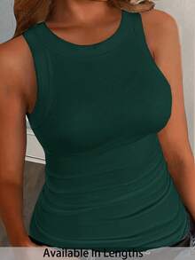 SHEIN PETITE CURVE Plus Size Casual Basic Fitted White Round Neck Off-Shoulder Tank Top - Dark Green - View 6