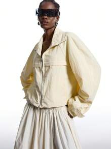 LYSMO Áo khoác dáng rộng tay dài raglan màu trơn có khóa kéo phía trước dành cho nữ - Màu vàng - Xem 3