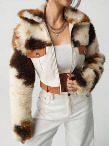 SHEIN ICON Women's Leather & Fur Patchwork Jacket, Autumn/Winter Cropped Jackets,Fall - Mocha Brown - View 1