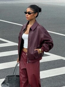 Muchica 女式纯色落肩长袖拉链 PU 皮夹克 - 紅色 - 查看 7