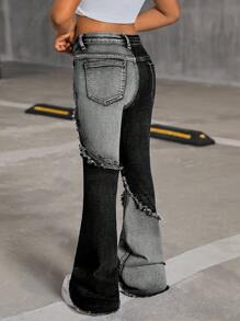 SHEIN Quần dài denim túi cài nút phía trước đơn giản cho bé gái tuổi mới lớn - màu đen - Xem 2