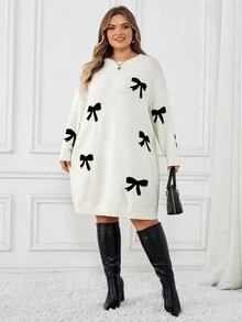 SHEIN CURVE+ 女士蝴蝶结图案圆领落肩长袖休闲毛衣裙，秋冬蝴蝶结连衣裙套头连衣裙蝴蝶结连衣裙/秋冬 - 黑與白 - 查看 7