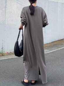 FRIFUL 女式宽松深 V 领落肩长袖开衩休闲长裙，灰色，秋季