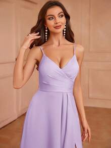 SHEIN Belle 成人伴娘礼服，正面有褶皱，侧面高开叉，细肩带，纯色 - 紫丁香色 - 查看 7
