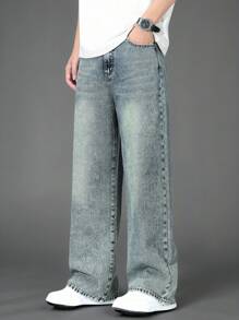 SHEIN 青少年男童新款水洗时尚宽松直筒牛仔裤，街头风休闲百搭牛仔裤，四季皆宜，秋冬季时尚有型。 - 中等水洗藍 - 查看 5