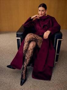 MOTF PREMIUM BELTED RUFFLE TRIM OVERCOAT - Burgundy - View 2