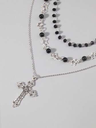 Hippie Set da 3 collane multistrato da donna con charms a forma di spine gotiche, perle nere finte, croci e stelle, perfette per le vacanze e l'uso quotidiano
