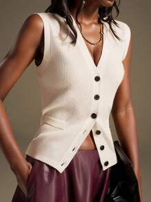 Ontre 2025秋冬新款白色V领前扣单排扣宽肩针织背心开衫，优雅都市浪漫西部朋克Y2K乡村音乐节复古风格韩国机场旅行街头婚礼嘉宾生日万圣节商务休闲办公室约会派对外出机场返校秋冬女装 - 白色 - 查看 1