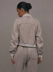 MUSERA Washed Zip Through Jacket Sweatshirt Tracksuit Seam Detail Back To School Autumn Winter Cosy Fall Cute Casual Everyday Capsule Wardrobe Y2K Streetwear Spring Summer Vacation - Brown - View 2