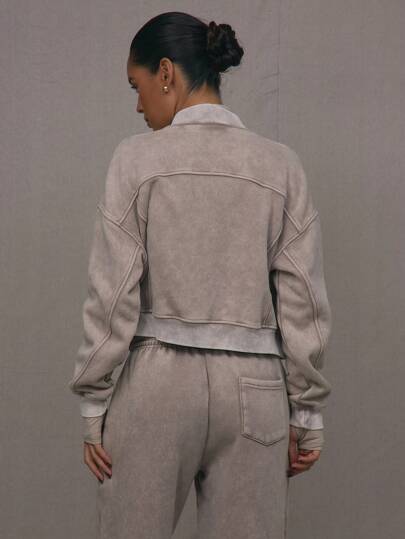MUSERA Washed Zip Through Jacket Sweatshirt Tracksuit Seam Detail Back To School Cosy Cute Casual Everyday Capsule Wardrobe Y2K Streetwear Spring Summer