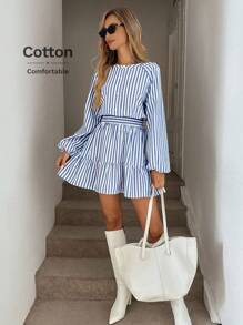 Easowa Round Neck Button Half-Open Collar Waist Gathered Ruffled Hem A-Line Maxi Dress, Long Sleeve, Casual Loose Commuter Vintage Style Cotton Striped Mini Dress For Women - Blue and White - View 7