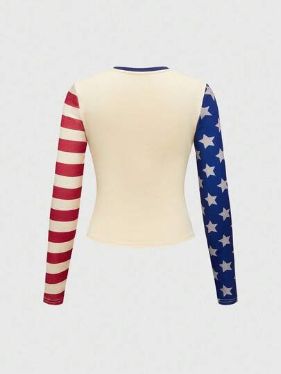Betty Boop | ROMWE Vintage Distressed Star & Stripe Pattern Fitted Women T-Shirt