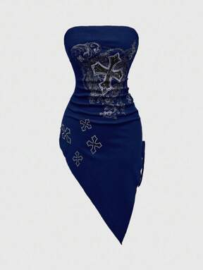 Grunge Punk Asymmetric Hem Punk Style Cross Rhinestone Pleated Design Women Top