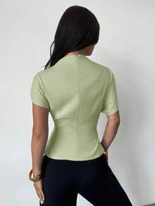 Firerie Crinkle Collar Asymmetrical Sleeve Side Ruched Waist Slim Fit Apricot Bamboo Linen Fabric Blouse For Women, All Season,Elegant Women's Blouses - Mint Blue - View 7