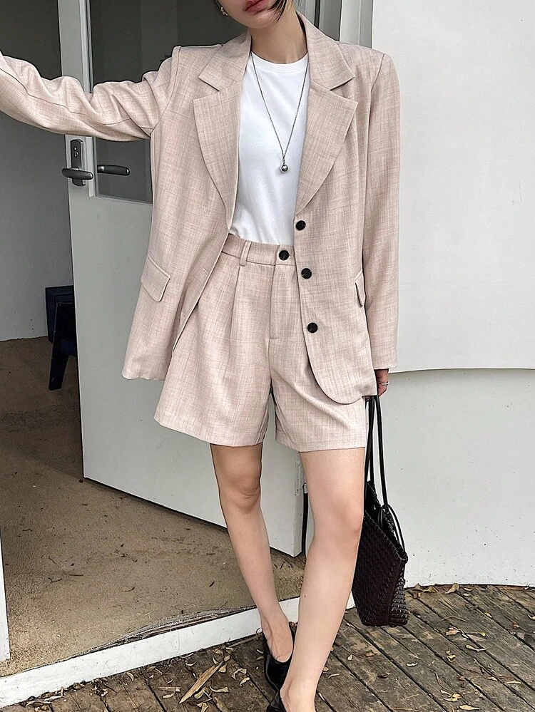Women's Lapel Neck Long Sleeve Single-Breasted Jacket And Shorts Casual Suit Set Business Attire