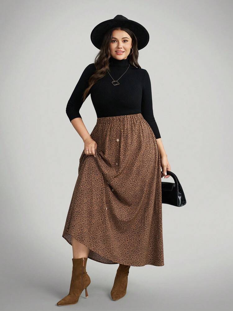 Comfylo Summer Plus Size Women's Small Leopard Print Long Skirt With Center Front Button Decoration,Summer Brown Skirt Fall Winter Office - Multicolor - View 5