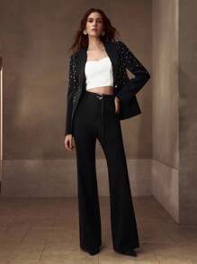 MOTF PREMIUM BUCKLE DECOR FLARE LEG PANTS - Black - View 2