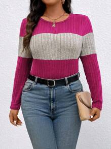 EMERY ROSE Plus Size Contrast Color Round Neck Ribbed Long Sleeve Casual T-Shirt Graphic Tees Women Tops For Spring Fall - Multicolor - View 5