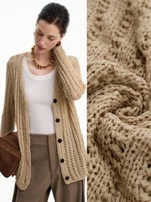 SHEIN LUNE 初秋度假风V领优雅复古宽松休闲开衫，轻盈针织镂空V领宽松版型纽扣外套 - 卡其色 - 查看 1