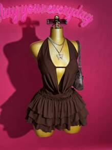 Slaydiva 2025 Spring/Summer New Sexy Street Style Solid Color Halter Tie-Up Deep V Neck Sleeveless Crop Top + Layered Ruffle Bow Decor Mini Skirt 2-Piece Set, Suitable For Music Festivals, Easter, Graduation, Daily Wear - Brown - View 8