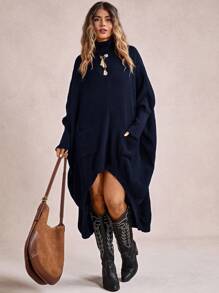 Freevana Suéter informal de talla grande con bolsillos y dobladillo asimétrico, para fiestas, festivales de música, uso en casa, eventos de regreso a la escuela, regalos y compras. Ropa de invierno, suéteres de otoño, estilo occidental, ropa de otoño para mujeres