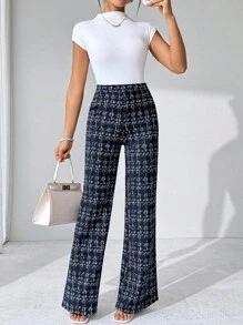 SHEIN Tall CURVE Plus Size Fall Elegant Women's Plaid Printed Elastic Knitted Pants, Suitable For Various Occasions, Suitable For Fall Vacation, Elegant Travel, And Daily Commuting,Fall Clothes For Women Pattern Pants Palazzo Pants Dressy Pants Wide Leg Pants Women Pants