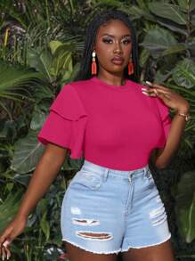 Slaydiva Plus Size Summer Holiday Multilayer Ruffle Sleeve Bodycon Bodysuit Bodysuits For Women Pluswhite Bodysuitplus Size Bodysuit - Hot Pink - View 4