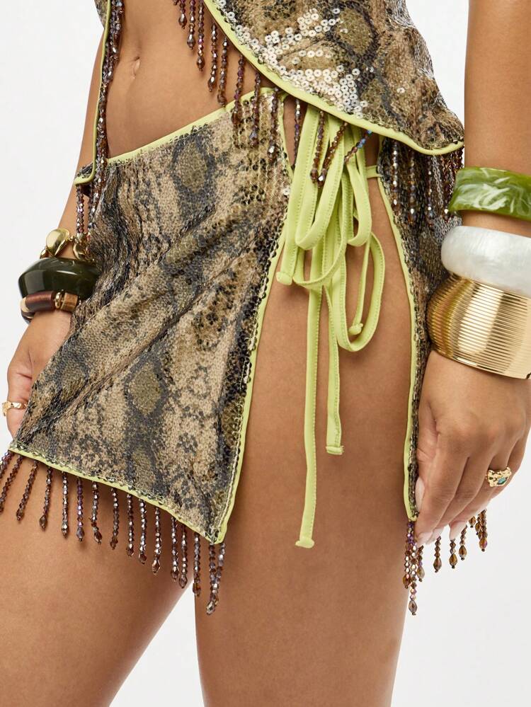 SUMWON WOMEN Snake Print Sequin Mini Skirt With Beaded Fringe