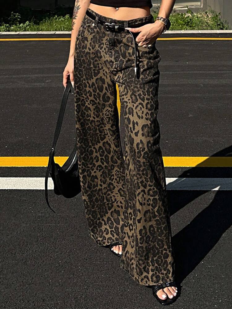 Women's Leopard Print Wide Leg Jeans, Autumn