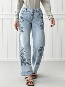 EMERY ROSE Jeans rectos y sueltos con estampado floral casual - Lavado ligero - Ver 8