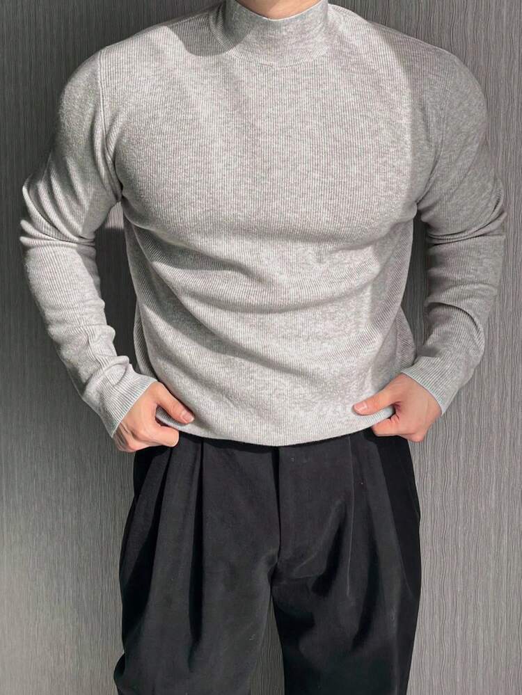 Men's Solid Color Slim Fit Light Grey Sweater, Autumn