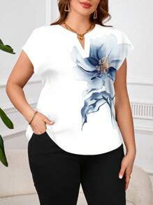 SHEIN Clasi 大码女式休闲花卉印花V领短袖衬衫，浪漫夏日 - 彩色 - 查看 6