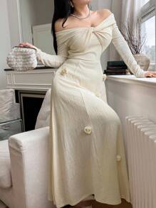 Feyla 3D花卉扭花露肩长袖优雅优雅连衣裙 - 杏色 - 查看 3