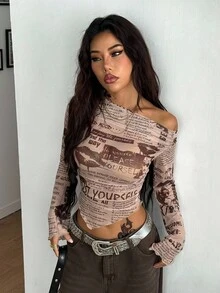 Coolane 女士秋季四季复古街头风报纸图案弹力露肩不对称领口上衣 - 彩色 - 查看 2