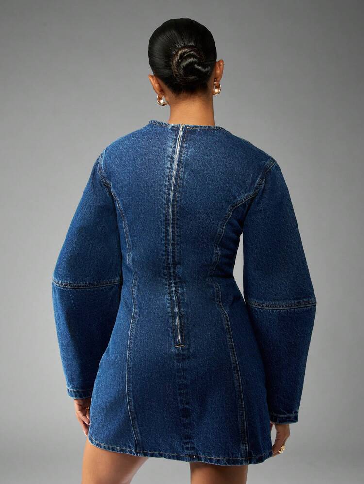 MISSGUIDED Denim Mini Dress Long Balloon Sleeves Fitted Waist Structured Silhouette Vintage Style Perfect Fall Winter Outfit Street Fashion Statement Piece