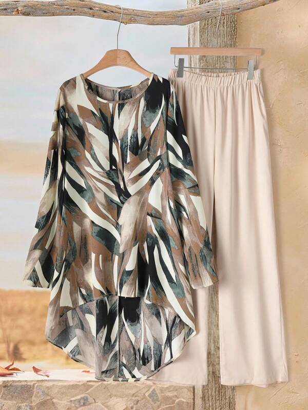 EMERY ROSE Women's Full Print Round Neck Long Sleeve High-Low Hem Top And Wide Leg Pants Loose 2 Pieces Set Two Piece Pants Set Women Blouse And Pants Set Women Ladies Casual Pants Set Womens Two Piece Outfit Summer Pants Sets Women's Solid V-Neck Short Sleeve Shirt And Printed Pants Casual Suit  2pcs Summer Women Allover Allover Print Short Sleeve Top And Solid Color Pants Set Fall Women Clothes Fall Clothes For Women Fall Outfits Women Autumn Clothes Fall Outfits Autumn Winter Clothes For Women Winter Business Casual Woman Usiness Casual Outfits Women Usiness Casual Outfits Women Country Country Outfits Women Old Money Basic Teacher Outfits For Women Oing Out Tops Women Back To School Fall Women Clothes