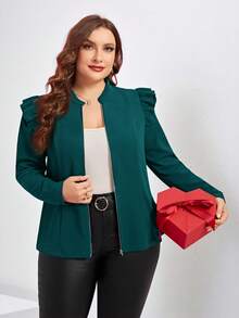 SHEIN Clasi Áo khoác thời trang tay dài màu trơn có khóa kéo phía trước cỡ lớn cho nữ vào mùa thu/đông - Màu xanh lá cây đậm - Xem 6