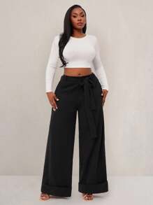 SHEIN SXY Quần dài thường ngày thanh lịch quyến rũ gợi cảm cơ bản rộng rãi cho nữ cỡ lớn Thu & Đông, Xuân & Hè - màu đen - Xem 3