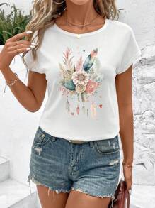 SHEIN LUNE Casual Floral Print Round Neck Raglan Short Sleeve Loose Fit Women T-Shirt Pullover, Suitable For Summer - White - View 4