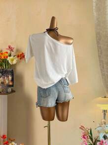 Attitoon 休闲复古街头风格老虎素描肖像图案超大不对称领口短袖T恤女款，适合夏季、音乐节、Y2K