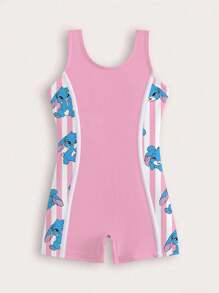 SHEIN GraphicGems Young Girl Summer Beach Resort Cartoon Rabbit & Striped Print One-Piece Swimsuit - Multicolor - View 1