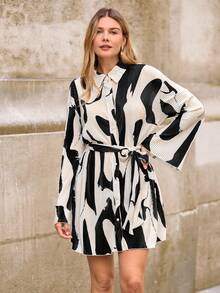 EMERY ROSE Allover Print Belted Shirt Dress,Ladies Casual Belted,Button Long Sleeve Shirt Collar Loose Short Multicolor Flare Sleeve All Over Print Shirt Women Short Dresses,Spring/Fall,Casual Daily Wear