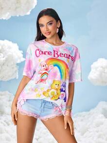 SHEIN X Care Bears 女款卡通熊与彩虹图案圆领短袖T恤